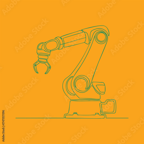 Simplified line drawing of an industrial robotic arm with a gripper on a vibrant orange