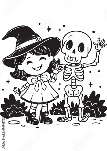 Cute witch girl and skeleton waving together in black and white cartoon line art illustration