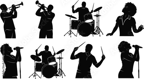 Jazz band silhouettes performing live music concert, trumpet players, drummers, soulful singers, rhythmic stage performance, energy