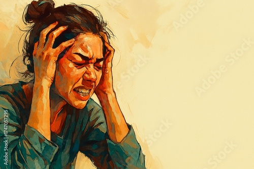 Expressive Painting of Woman in Emotional Distress, Symbolizing Mental Pressure and Anxiety