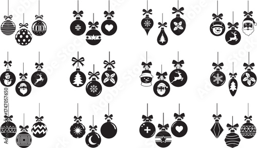 Black and White Hanging Christmas Baubles with Santa, Snowman, and Reindeer Silhouettes