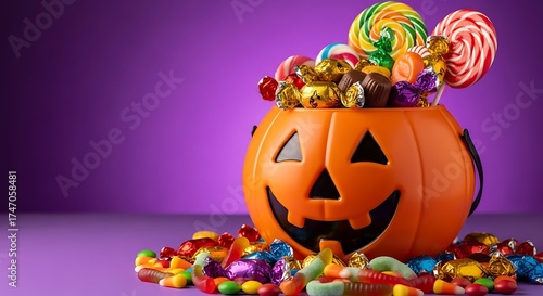 Pumpkin bucket filled with candy and lollipops on a purple background