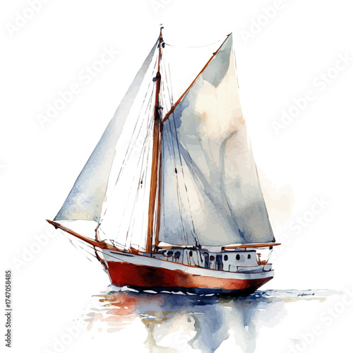 watercolor of Sailboat, vector, isolated on a white background.
