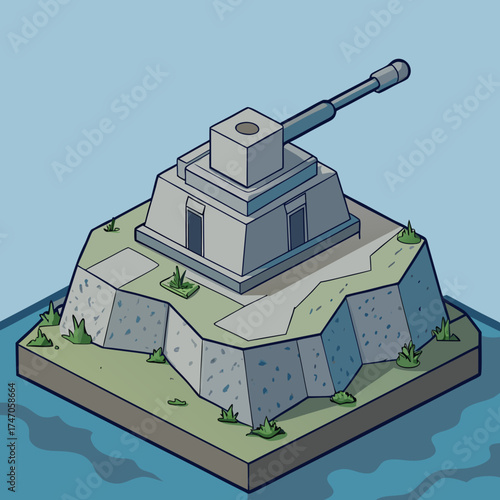 Artillery battery structure on an island with a long cannon