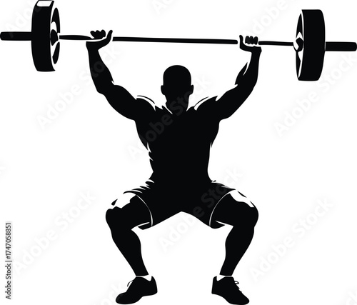 Silhouette of athletic man performing weightlifting overhead squat exercise vector