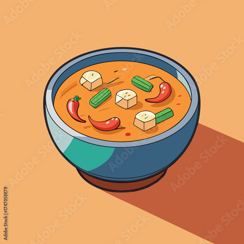 Isometric Bowl of Tom Yum Soup with Garnishes
