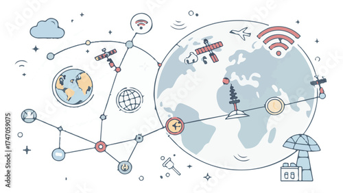 Global network of connected devices and satellites illustrating connectivity