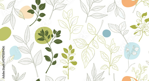 Gentle foliage pattern with abstract colorful circles scattered throughout.