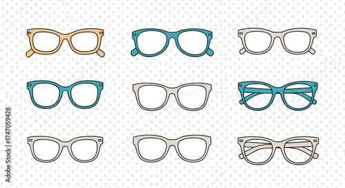 A collection of nine pairs of stylized eyeglasses with colorful frames and varying shapes.