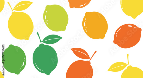 A vibrant pattern of colorful citrus fruits with leaves.