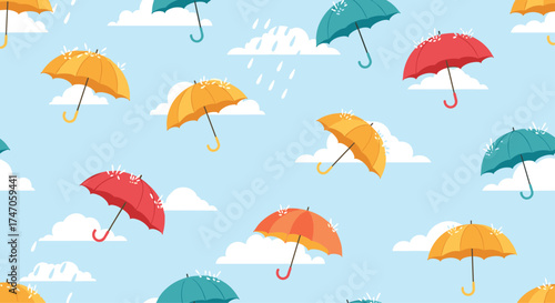 A collection of colorful umbrellas floating in the sky during a gentle rain shower.