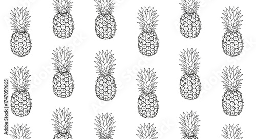 Seamless pattern of hand drawn pineapples with a playful and retro feel.