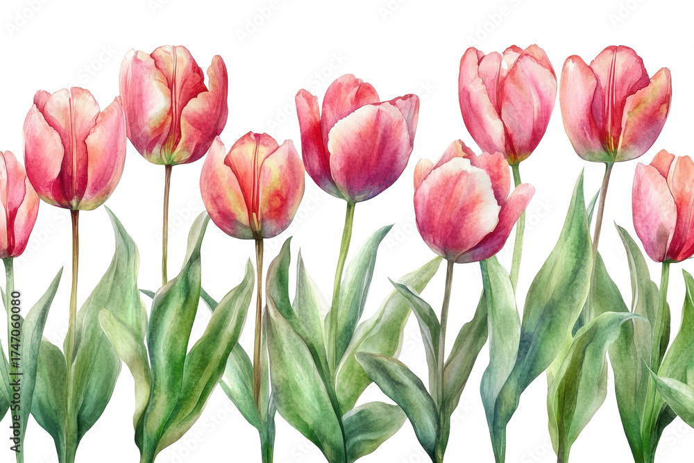Fototapeta premium Vibrant tulip border showcasing shades of pink and red in a watercolor style with lush green leaves