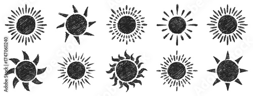 Hand drawn crayon grainy sun set. Abstract grunge texture shapes. Vector  EPS 10