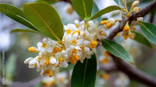 Stunning photo of close up of sweet osmanthus flowers blooming on the branch in the garden.