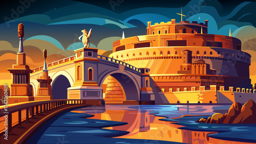
Very beautiful close-up Castel Sant'Angelo and Ponte Sant'Angelo at night, Rome, Italy