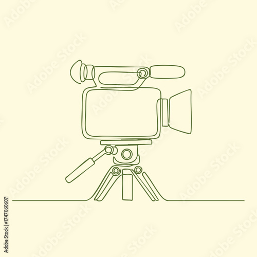 Minimalist line drawing of a professional camera mounted on a tripod with a handle and viewfinder, on a plain