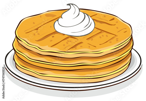 Stack of pancakes topped with whipped cream, served on a white plate.
