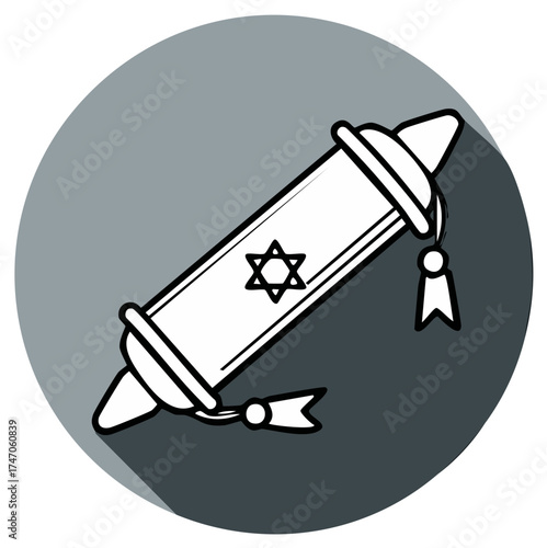 Illustrated Torah scroll featuring the Star of David, religious symbol on a gray circle.