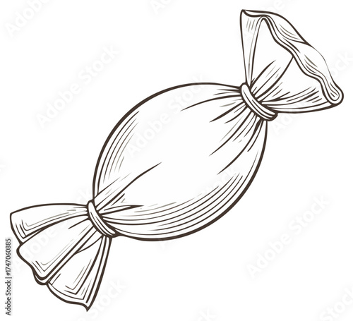 Wrapped candy illustration with tied ends and vintage etching style