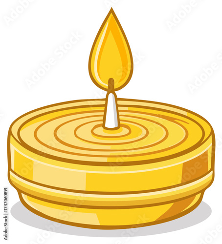 Cartoon Illustration of a Golden Burning Candle with Flame for Decoration