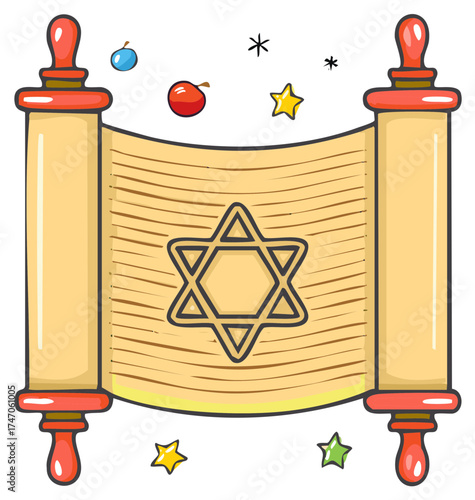 Cartoon Torah Scroll with Star of David, Fruits and Stars