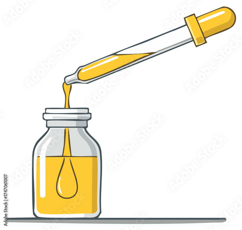 Dropping Liquid from Pipette into Bottle with Yellow Fluid for Essential Oil Concept