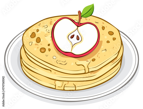 Stack of pancakes with apple topping on a white plate