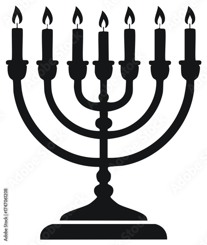Classic menorah silhouette with seven burning candles representing Jewish Hanukkah holiday celebration traditions