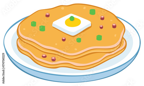 Stack of fluffy pancakes with butter and toppings on a plate