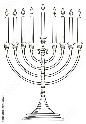 Line art drawing of a menorah with candles, holiday concept