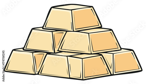 Cartoon Style Gold Bars Pile: Stacked Ingots of Wealth and Treasure Illustration