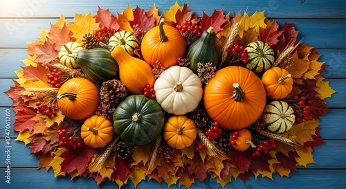 Autumn arrangement featuring pumpkins gourds leaves and pine cones top view