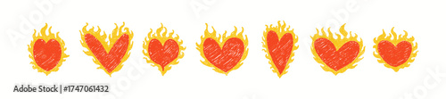 Hand drawn crayon grainy y2k heart in flame elements set. Abstract grunge texture shapes. Vector  EPS 10