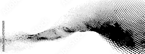 Abstract black and white halftone wave design. Gradated dots forming a flowing, dynamic wave pattern. Soft transitions from light gray to black. Simple, clean, and modern aesthetic