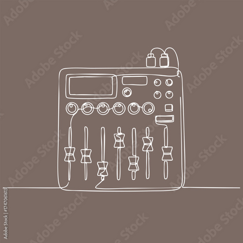 Minimalist line drawing of a guitar amplifier with various control knobs and input jacks on a neutral