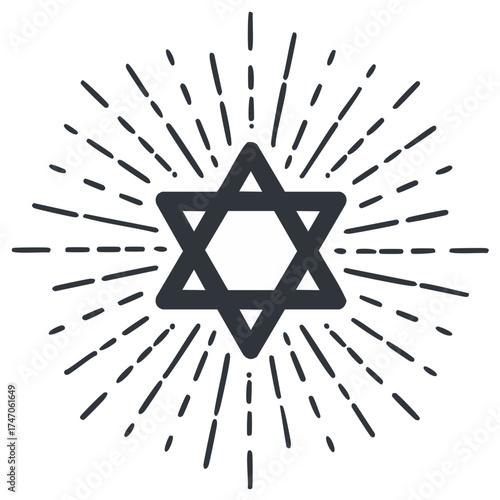 Star of David Icon with Rays of Light in Hand Drawn Style on Isolated Background