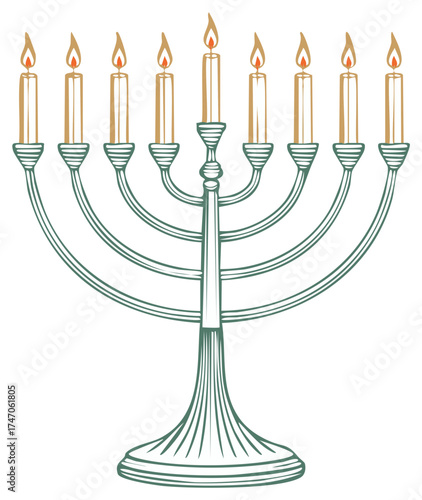 Traditional Hanukkah menorah with nine burning candles celebrating Jewish festival of lights