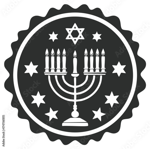 Menorah graphic emblem with candles, stars, and Jewish star symbol on dark background.