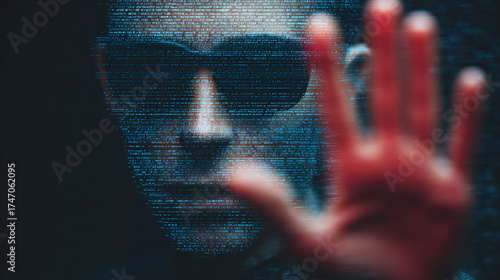 Digital security concept: A person wearing glasses with a data stream overlay, hand raised as if to stop a cyber attack.