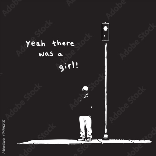 Lonely Figure Under Red Light Vector — Black and White Minimalist Illustration with Emotional Text and Urban Night Mood