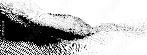 Abstract black and white halftone wave design. Gradated dots forming a flowing, dynamic wave pattern. Soft transitions from light gray to black. Simple, clean, and modern aesthetic