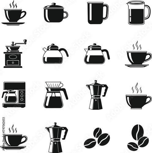 Collection of black and white coffee icons cups mugs