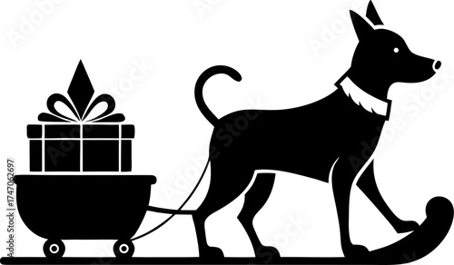  Dog pulling small sleigh with presents, vector icon, black and white, white background