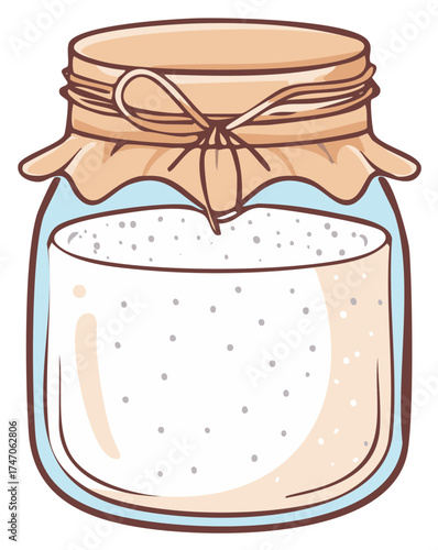 Drawing of homemade fermenting milk kefir in a glass jar with a cloth lid tied with string.