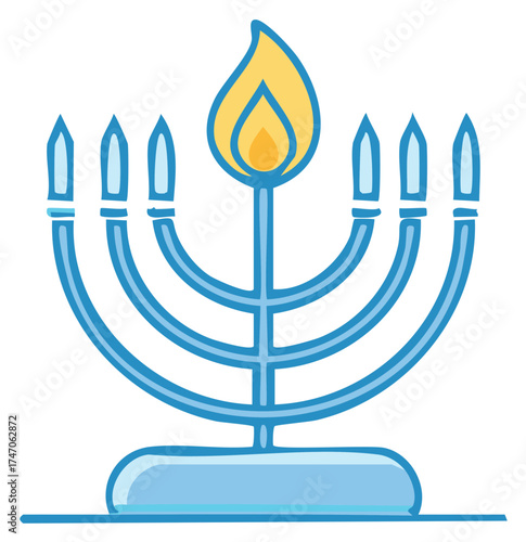 Cute Illustration of Hanukkah Menorah with Lit Candle for Chanukah Celebration