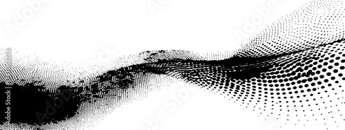 Abstract black and white halftone wave design. Gradated dots forming a flowing, dynamic wave pattern. Soft transitions from light gray to black. Simple, clean, and modern aesthetic