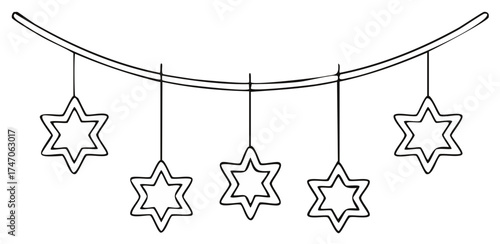 Hanging Star Ornaments from a Cord A festive holiday illustration with Star of David shapes for decoration or greeting cards