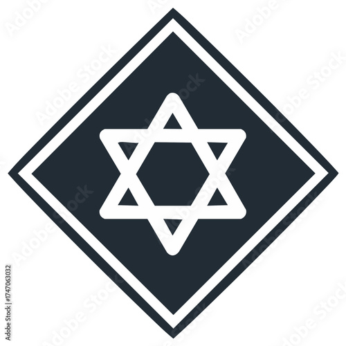 Star of David enclosed in a diamond shape with a white outline on a dark background