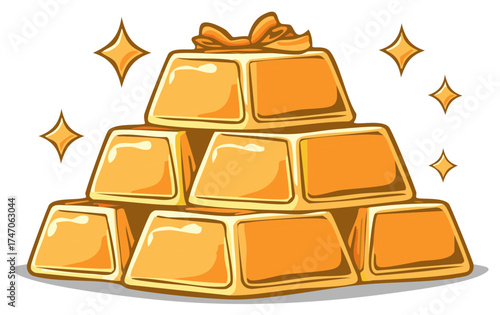 Heap of shiny gold bars tied with a ribbon and sparkling stars